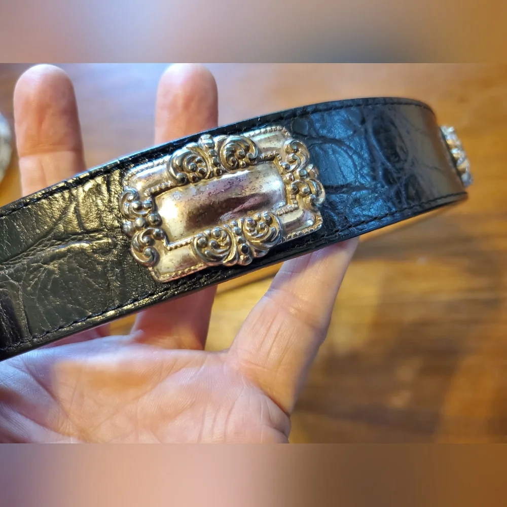 Vintage '93 Brighton Black Leather Belt Ornate Silver Buckle & Conchos Small  28